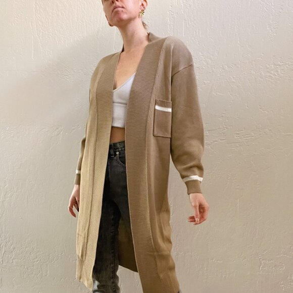 Vintage 1980's Neutral Tan Long Duster Knit Cardigan Sweater - Picture 5 of 8